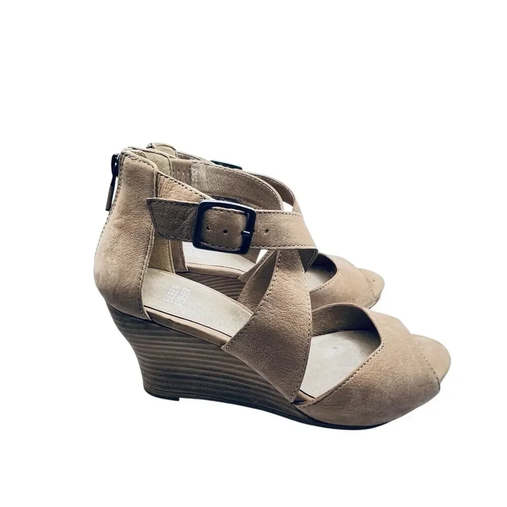 Eileen Fisher Carole Sandals Wedges Women Size 7 Tan Caramel Ankle Strap 3 Inch